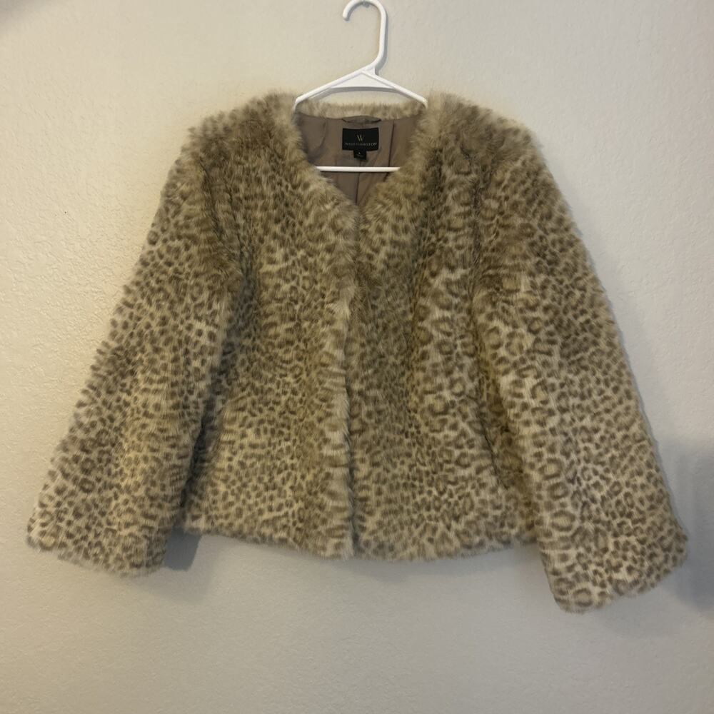 Worthington Women's Leopard Faux Fur Jacket Tan Brown Animal Print Open Front L